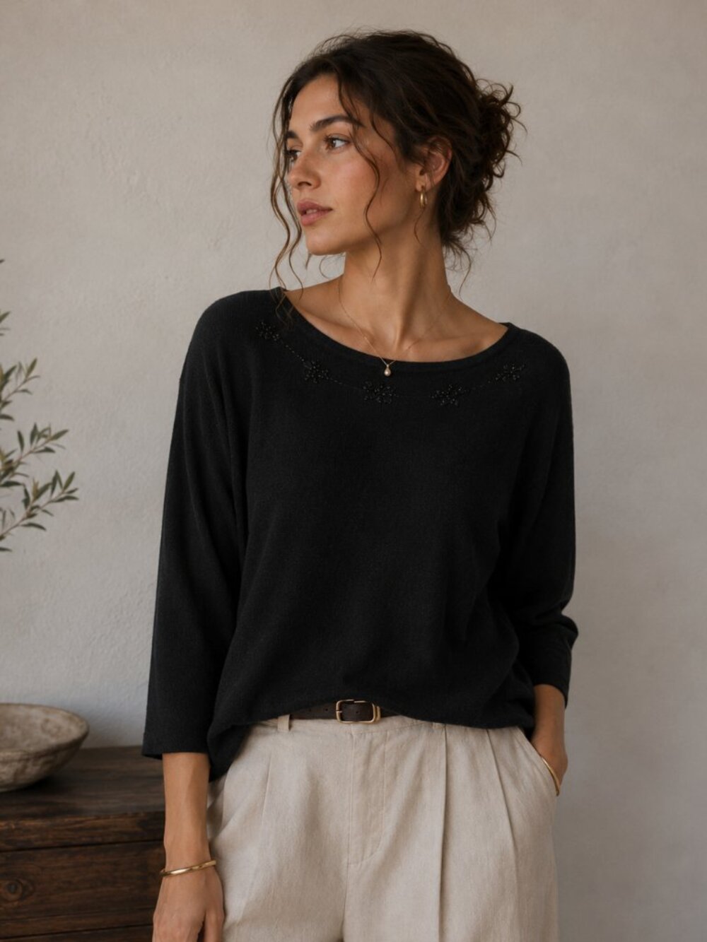 Vintage 90s Villager Silk Cashmere Sweater Women XL Black Beaded Luxury Knit Top